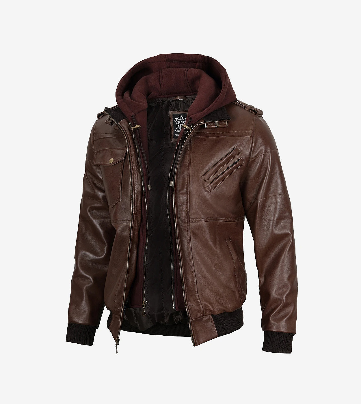 Men'S Dark Brown Bomber Leather Jacket With Removable Hood