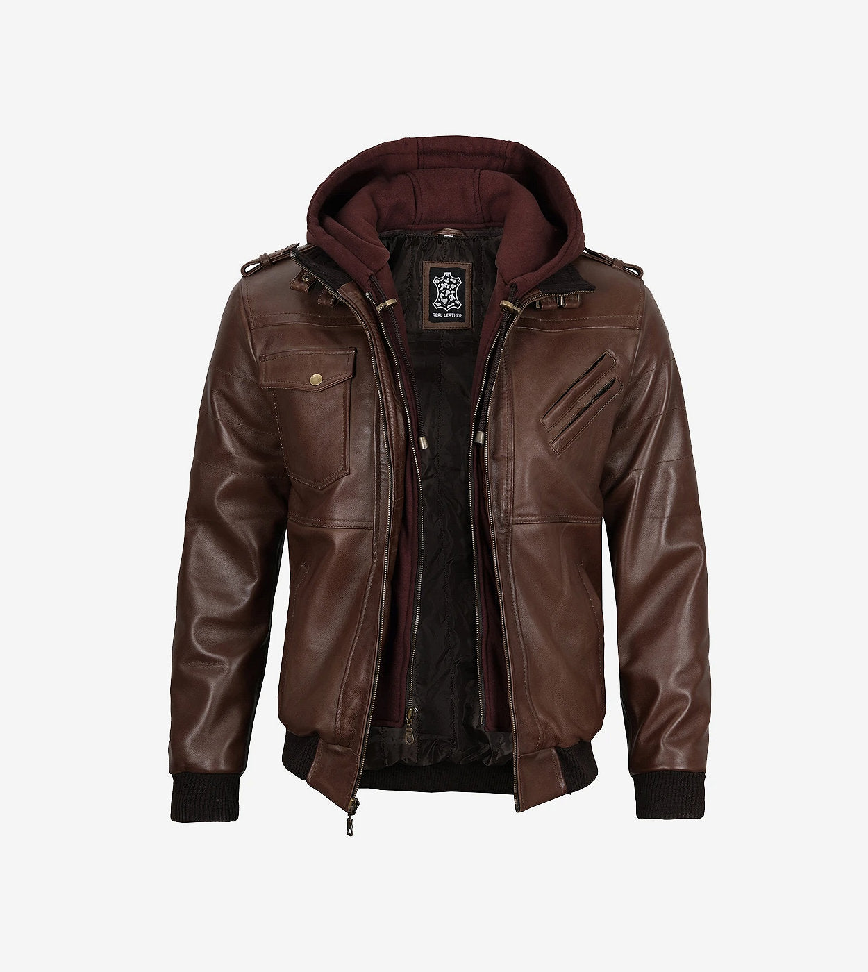 Men'S Dark Brown Bomber Leather Jacket With Removable Hood