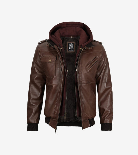 Men'S Dark Brown Bomber Leather Jacket With Removable Hood