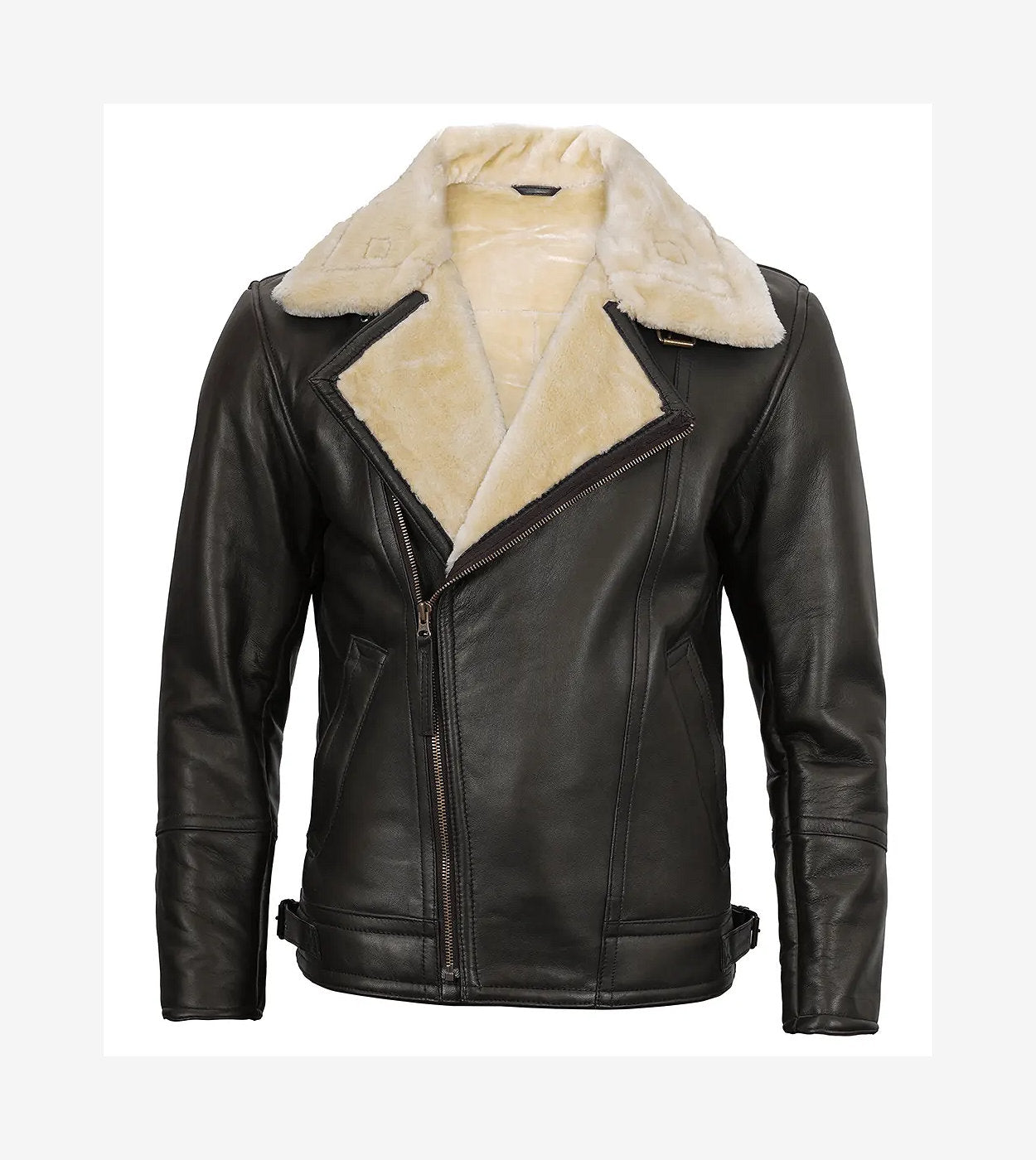 Men'S Dark Brown Shearling Moto Leather Jacket