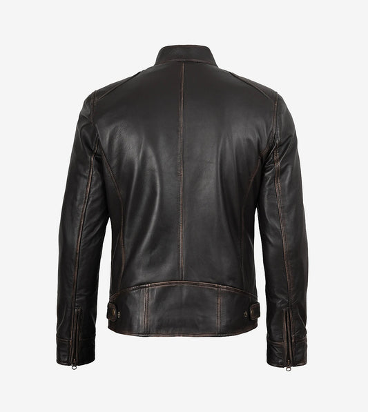 Men'S Distressed Brown Cafe Racer Leather Jacket