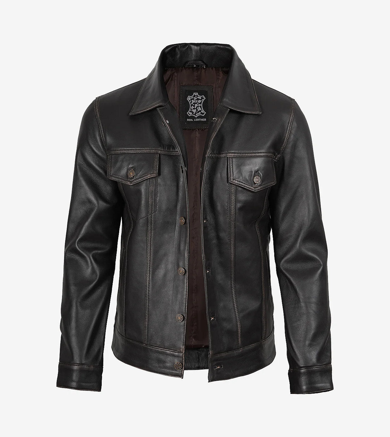Men'S Distressed Brown Leather Trucker Jacket
