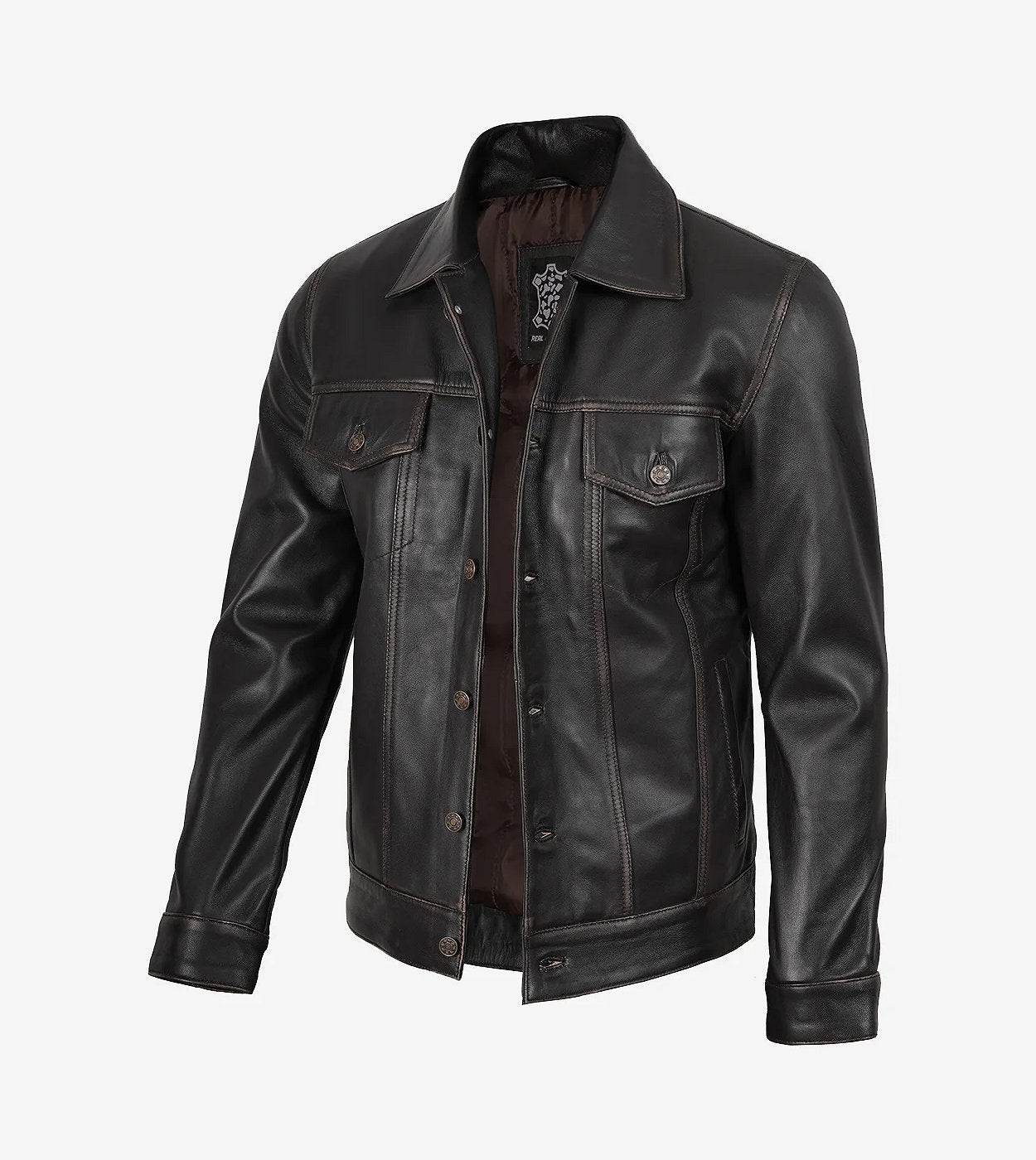 Men'S Distressed Brown Leather Trucker Jacket