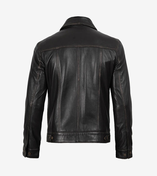 Men'S Distressed Brown Leather Trucker Jacket