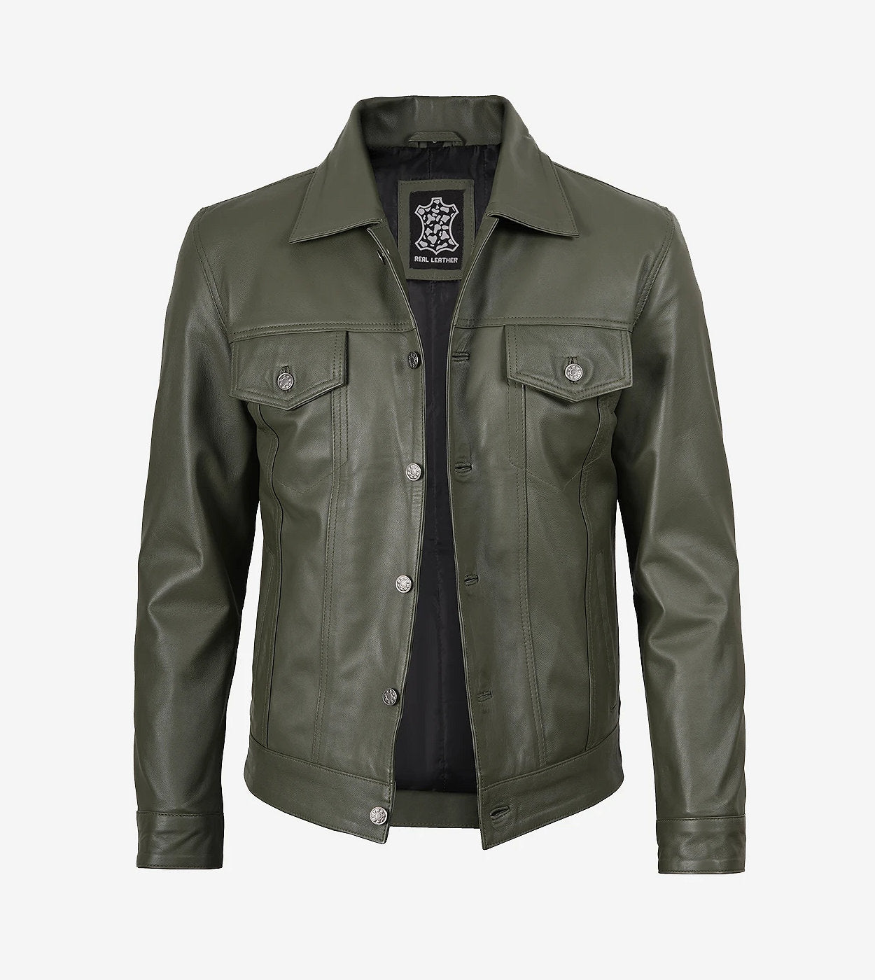 Men'S Four Pockets Olive Green Trucker Leather Jacket