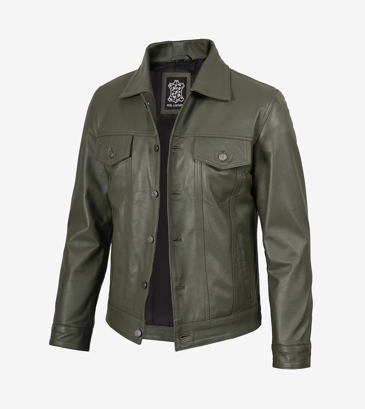 Men'S Four Pockets Olive Green Trucker Leather Jacket
