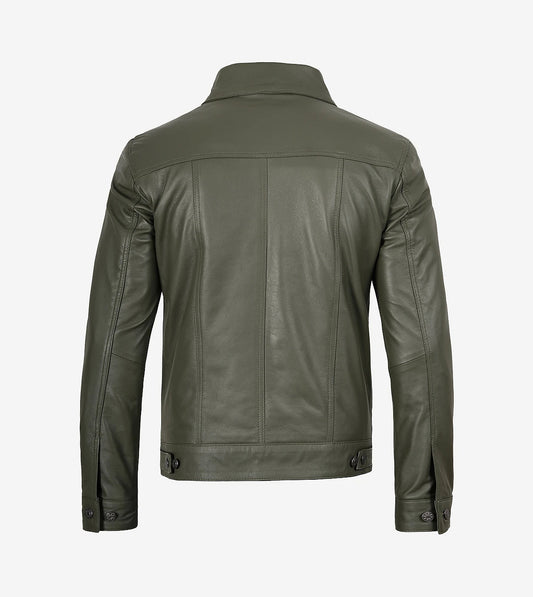 Men'S Four Pockets Olive Green Trucker Leather Jacket