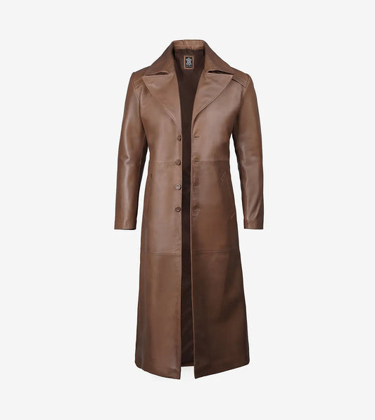 Men'S Full Length Brown Leather Coat - Duster Coat