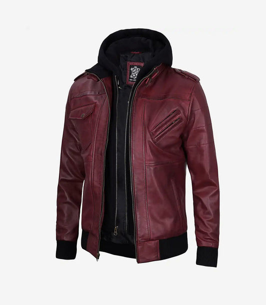 Men'S Maroon Bomber Leather Jacket With Removable Hood
