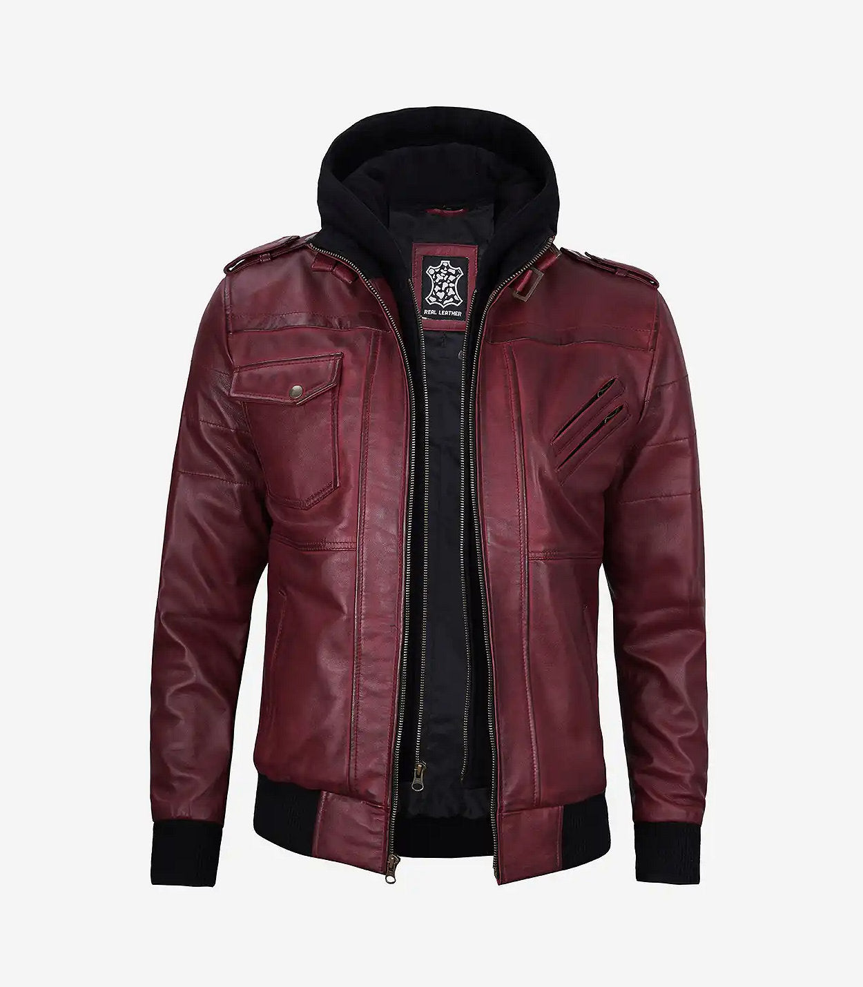 Men'S Maroon Bomber Leather Jacket With Removable Hood