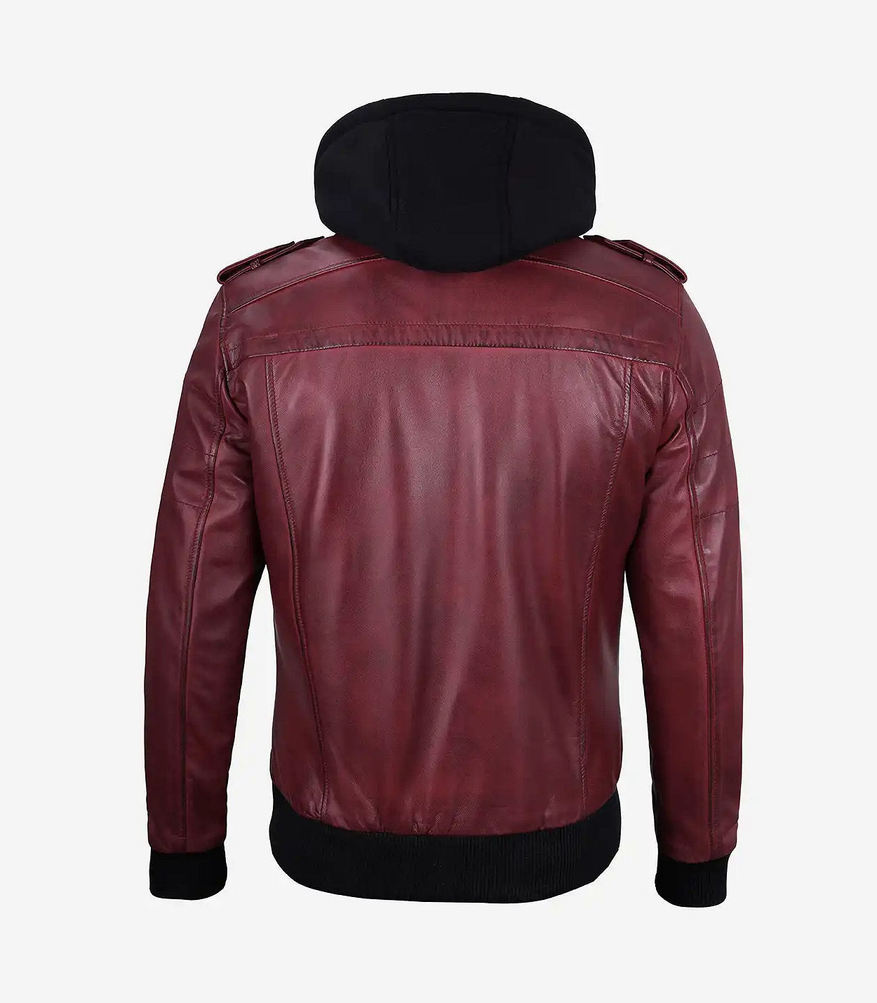 Men'S Maroon Bomber Leather Jacket With Removable Hood