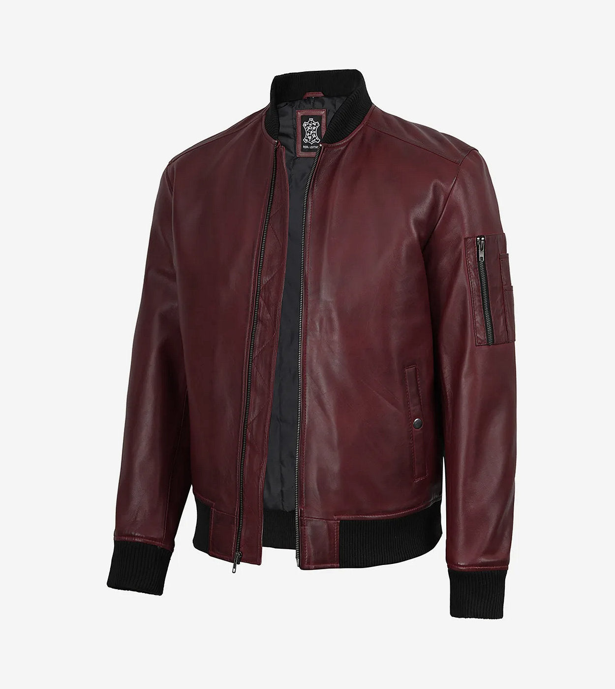Men'S Maroon Waxed Real Leather Bomber Jacket