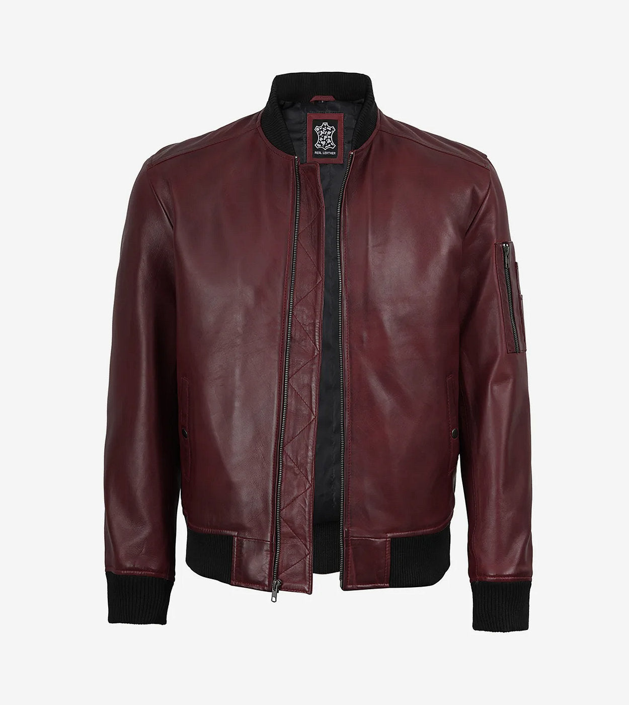 Men'S Maroon Waxed Real Leather Bomber Jacket