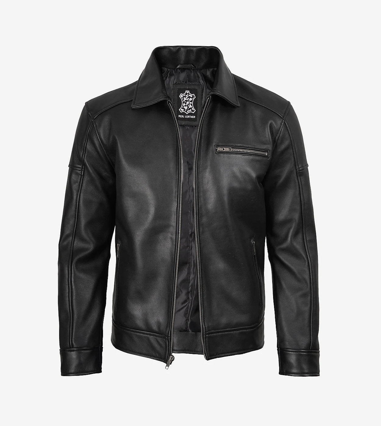 Men'S Neville Black Lambskin Leather Harrington Jacket