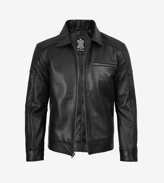 Men'S Neville Black Lambskin Leather Harrington Jacket