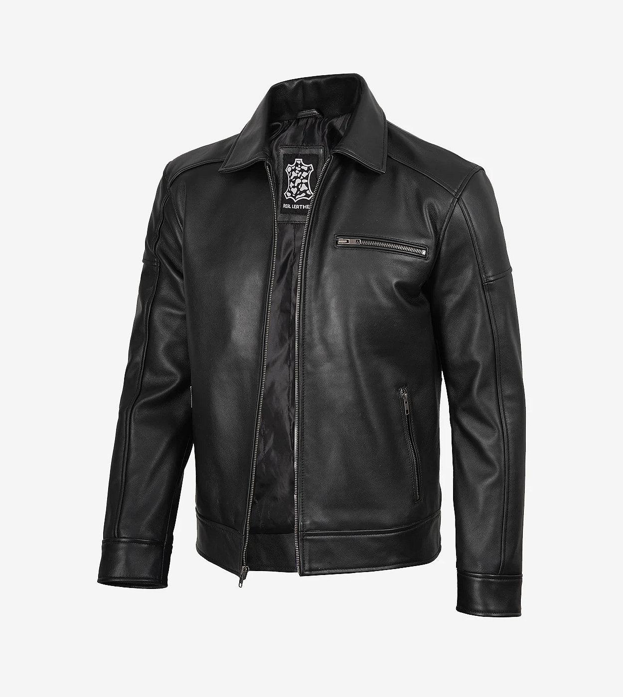 Men'S Neville Black Lambskin Leather Harrington Jacket