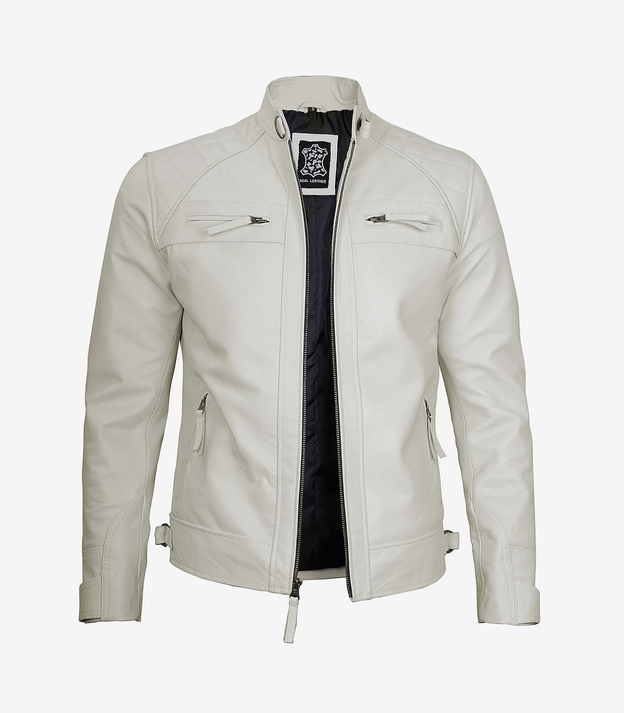 Men'S Off White Cafe Racer Leather Jacket - Quilted Shoulder