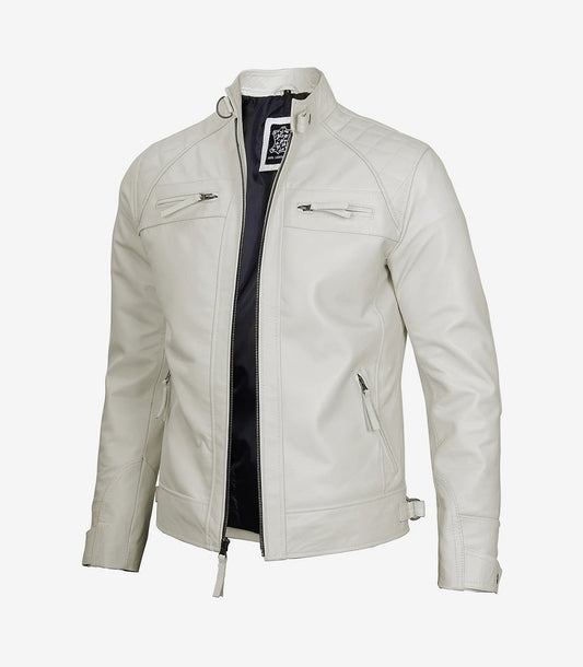 Men'S Off White Cafe Racer Leather Jacket - Quilted Shoulder