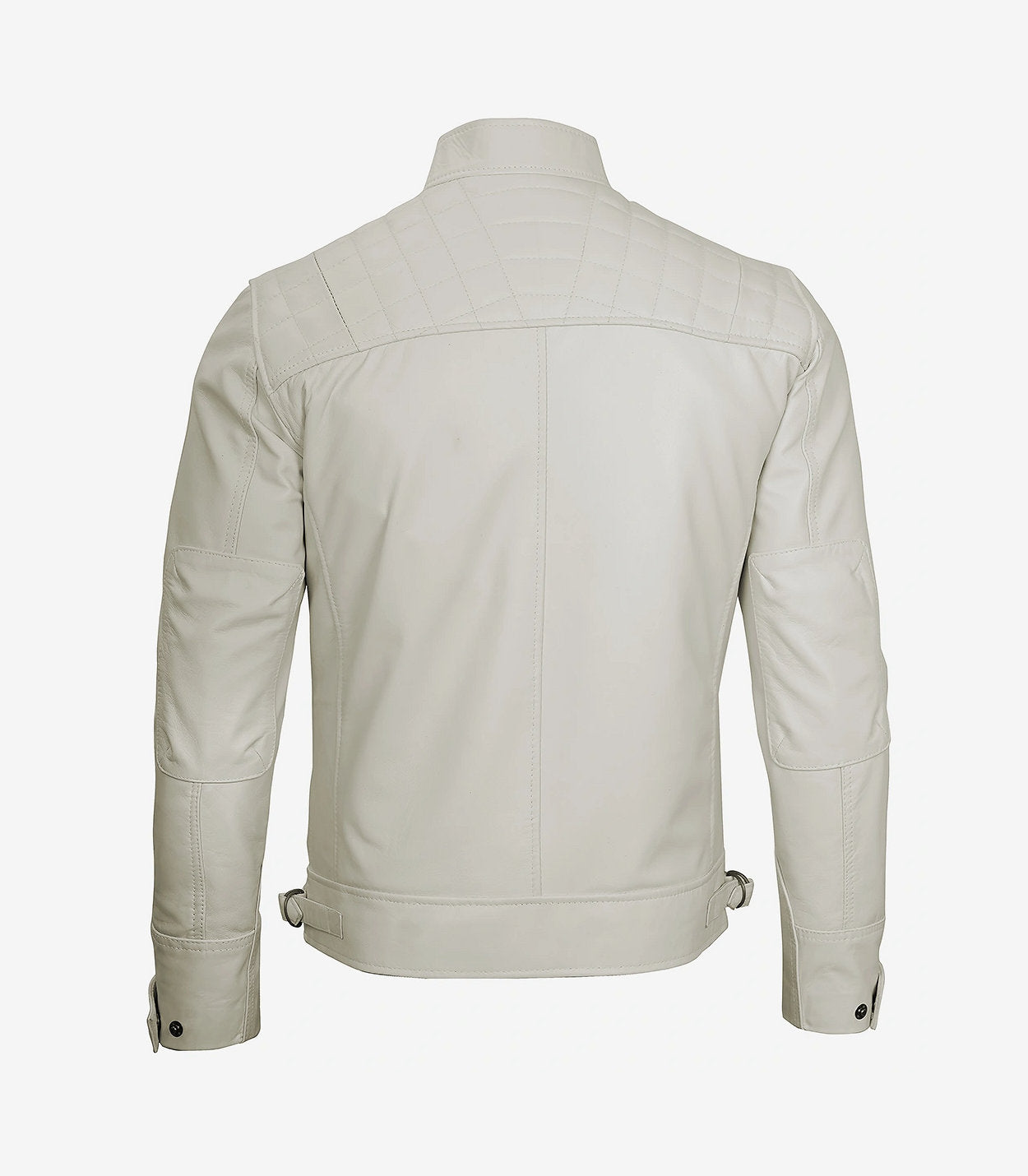 Men'S Off White Cafe Racer Leather Jacket - Quilted Shoulder