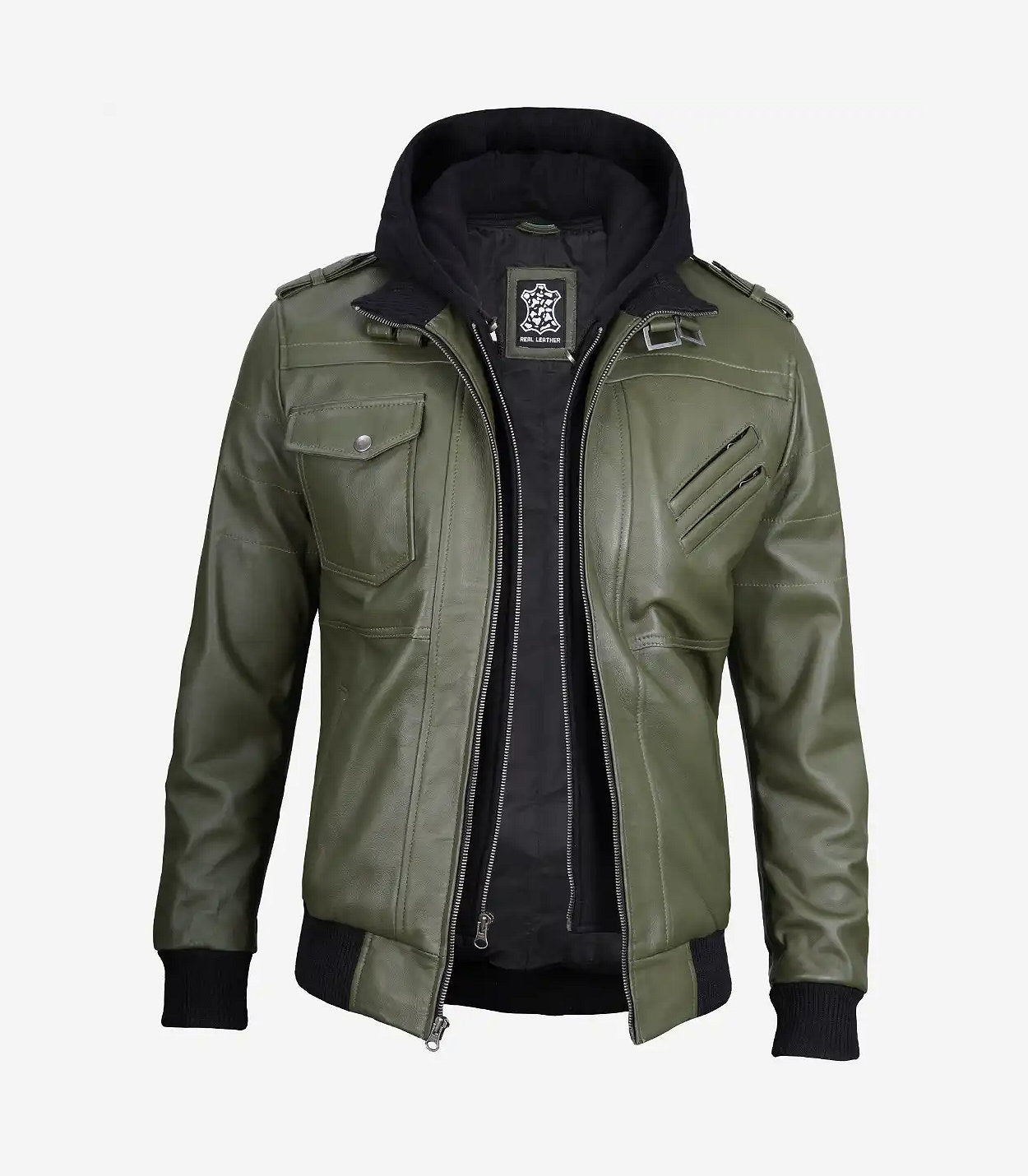 Men'S Olive Green Bomber Leather Jacket With Removable Hood