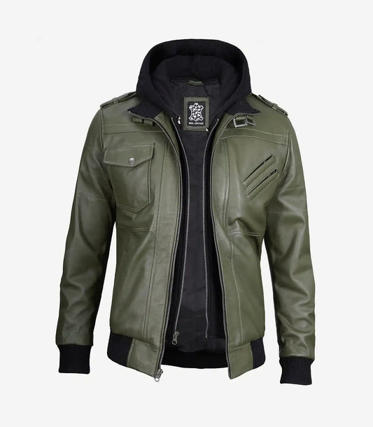 Men'S Olive Green Bomber Leather Jacket With Removable Hood