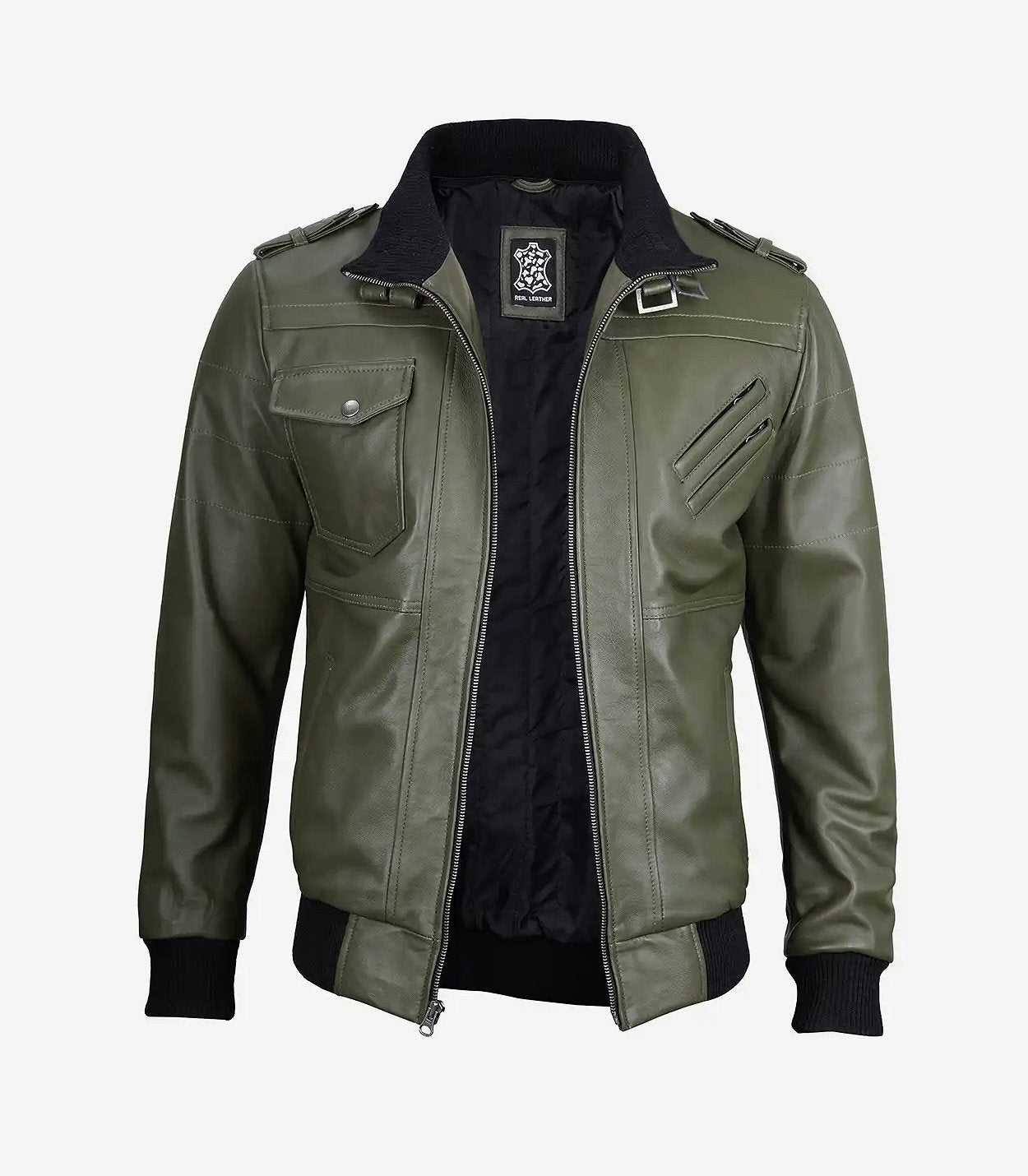 Men'S Olive Green Bomber Leather Jacket With Removable Hood