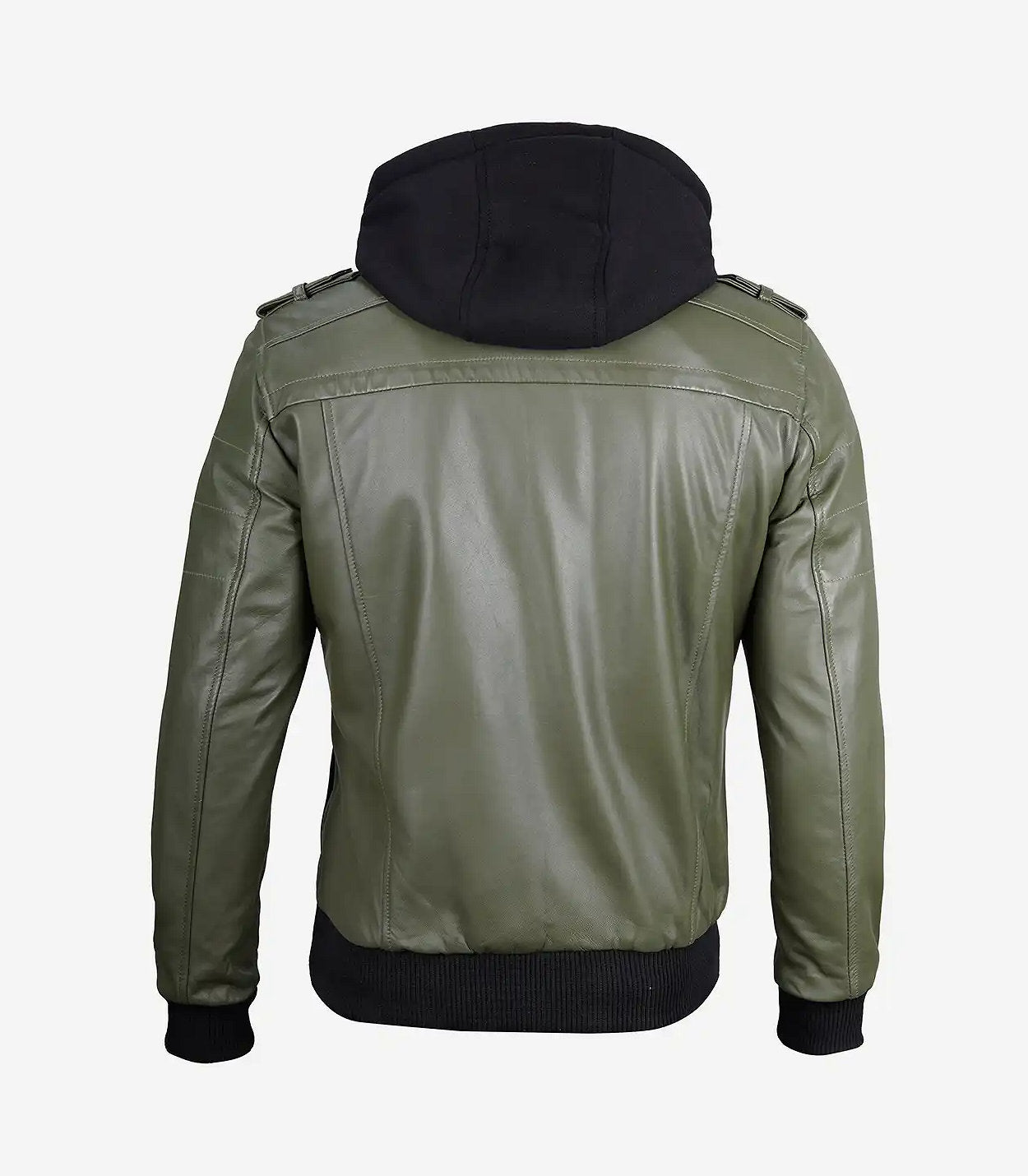 Men'S Olive Green Bomber Leather Jacket With Removable Hood