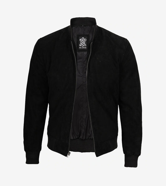 Men'S Premium Black Suede Bomber Jacket