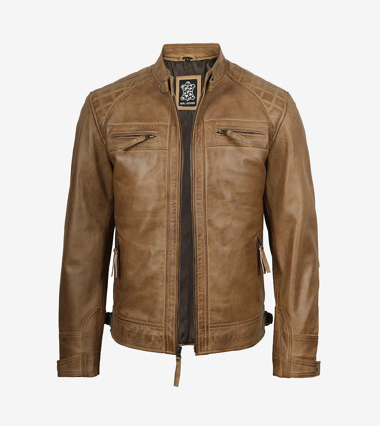 Men'S Quilted Shoulder Camel Brown Cafe Racer Leather Jacket