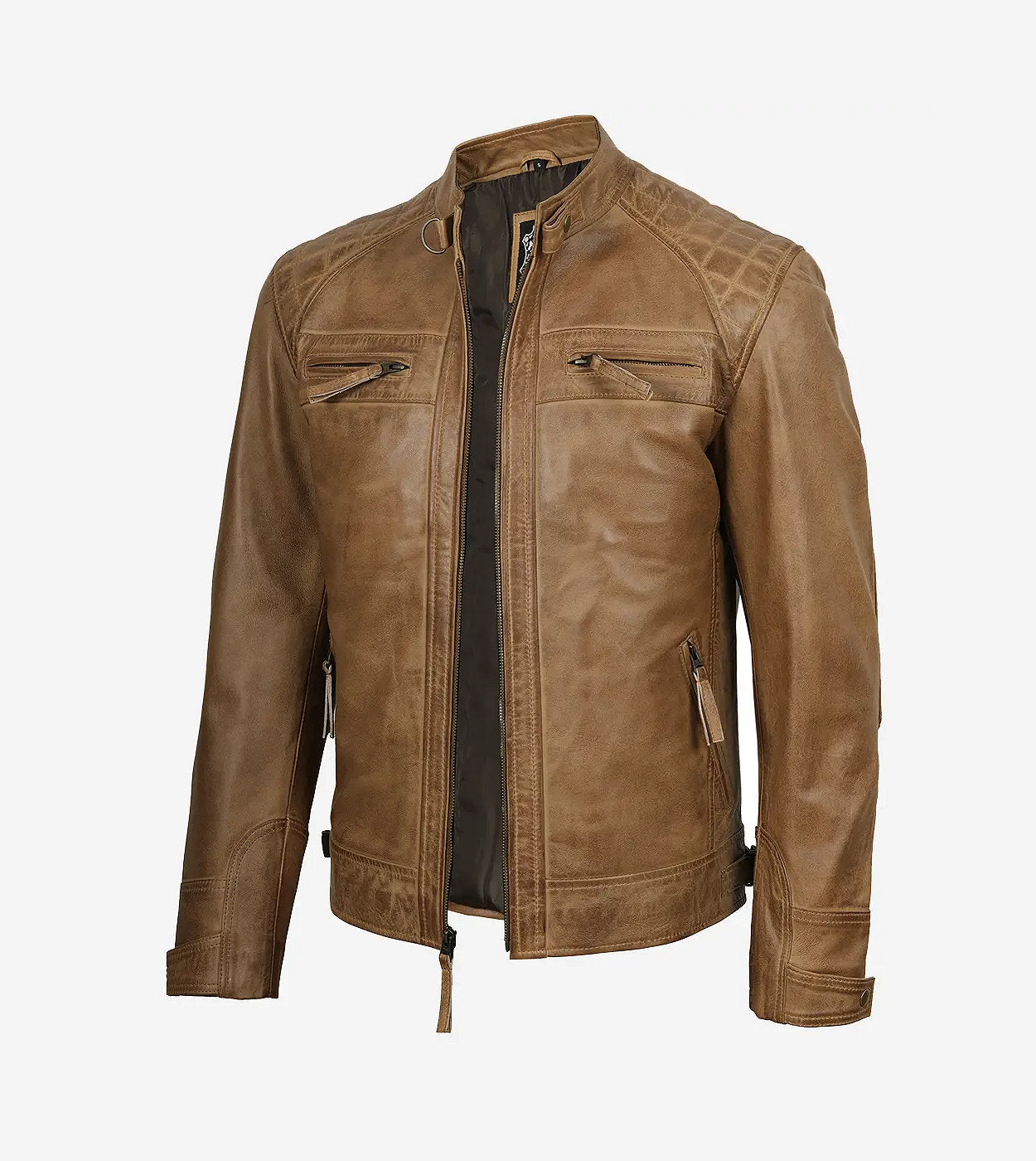 Men'S Quilted Shoulder Camel Brown Cafe Racer Leather Jacket