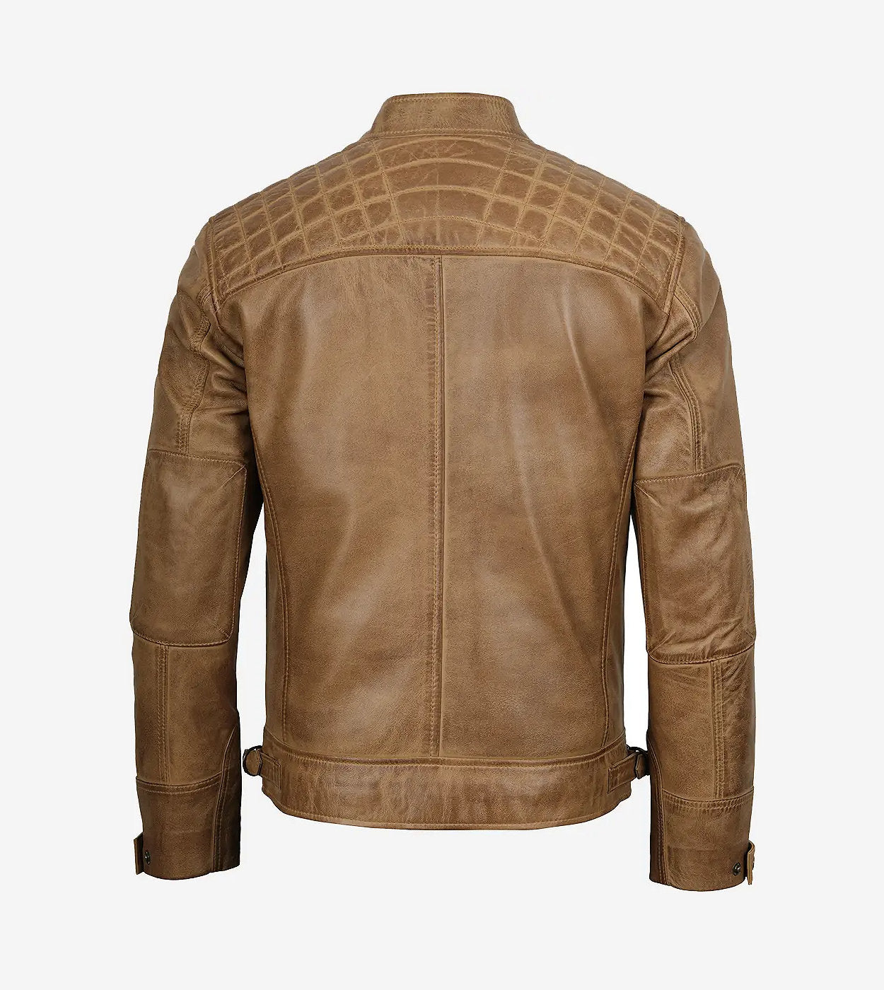 Men'S Quilted Shoulder Camel Brown Cafe Racer Leather Jacket