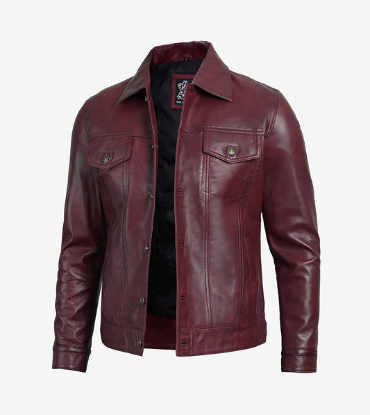 Men'S Real Lambskin Leather Burgundy Trucker Jacket