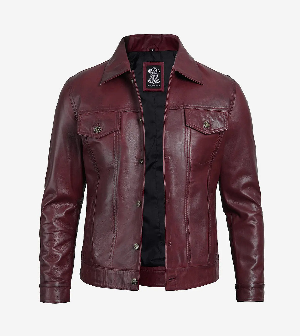 Men'S Real Lambskin Leather Burgundy Trucker Jacket