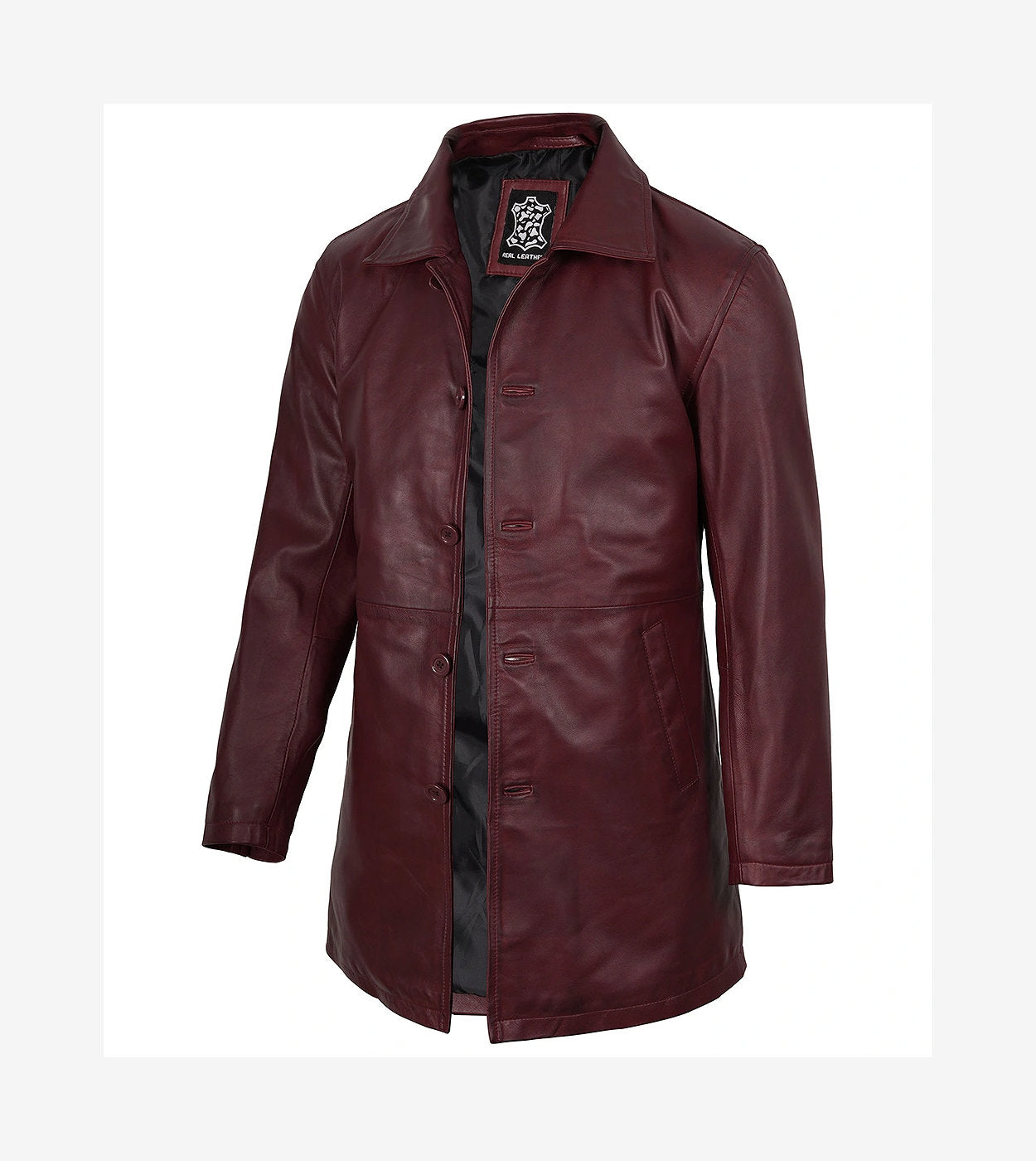 Men'S Real Leather 3/4 Length Burgundy Coat