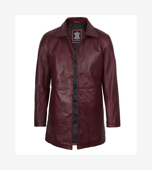 Men'S Real Leather 3/4 Length Burgundy Coat