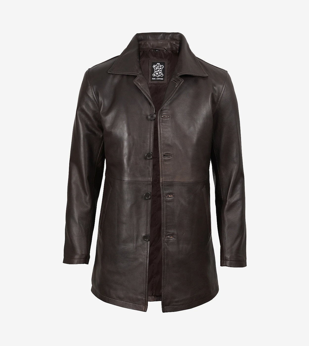 Men'S Real Leather 3/4 Length Distressed Brown Coat