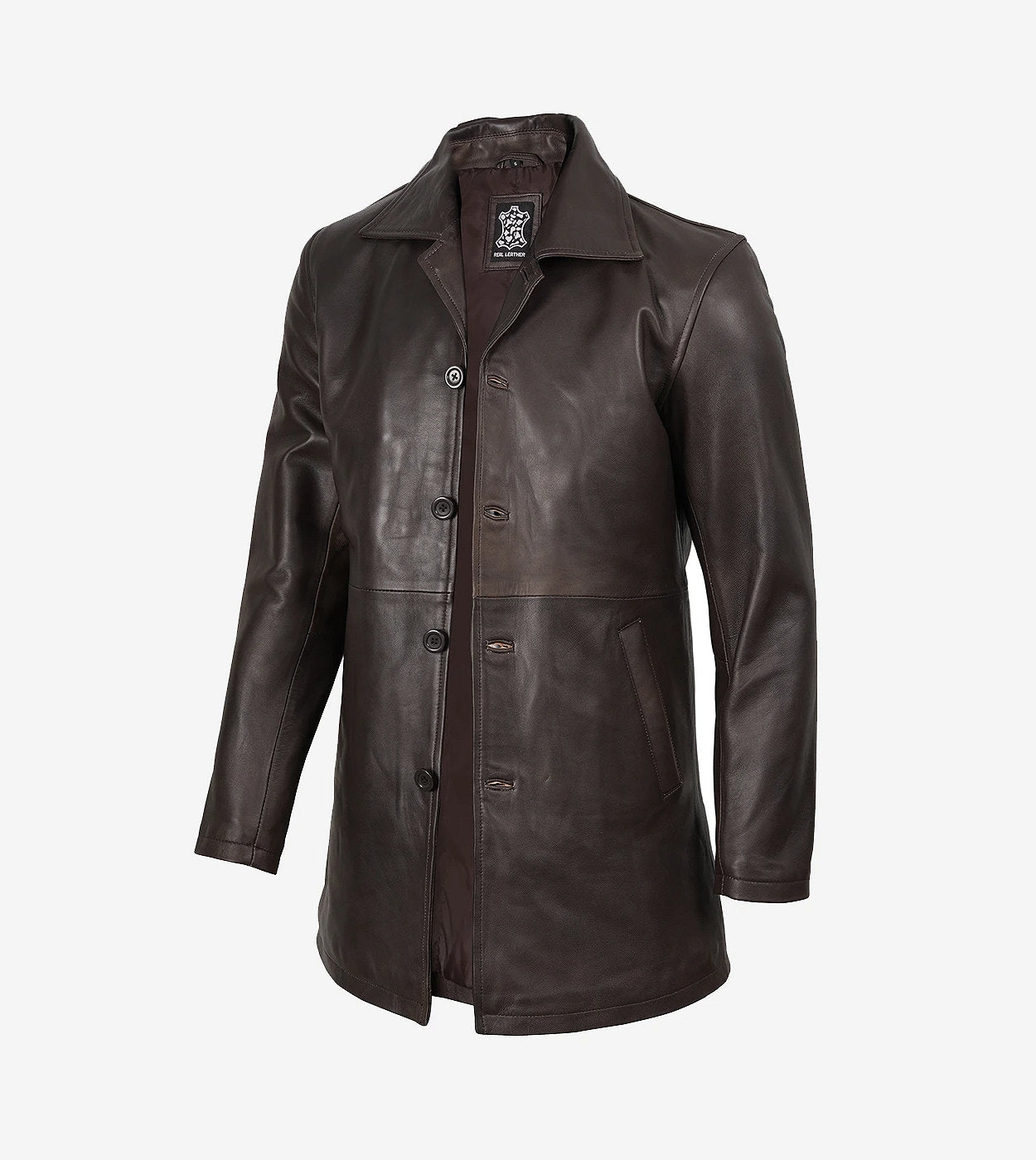 Men'S Real Leather 3/4 Length Distressed Brown Coat