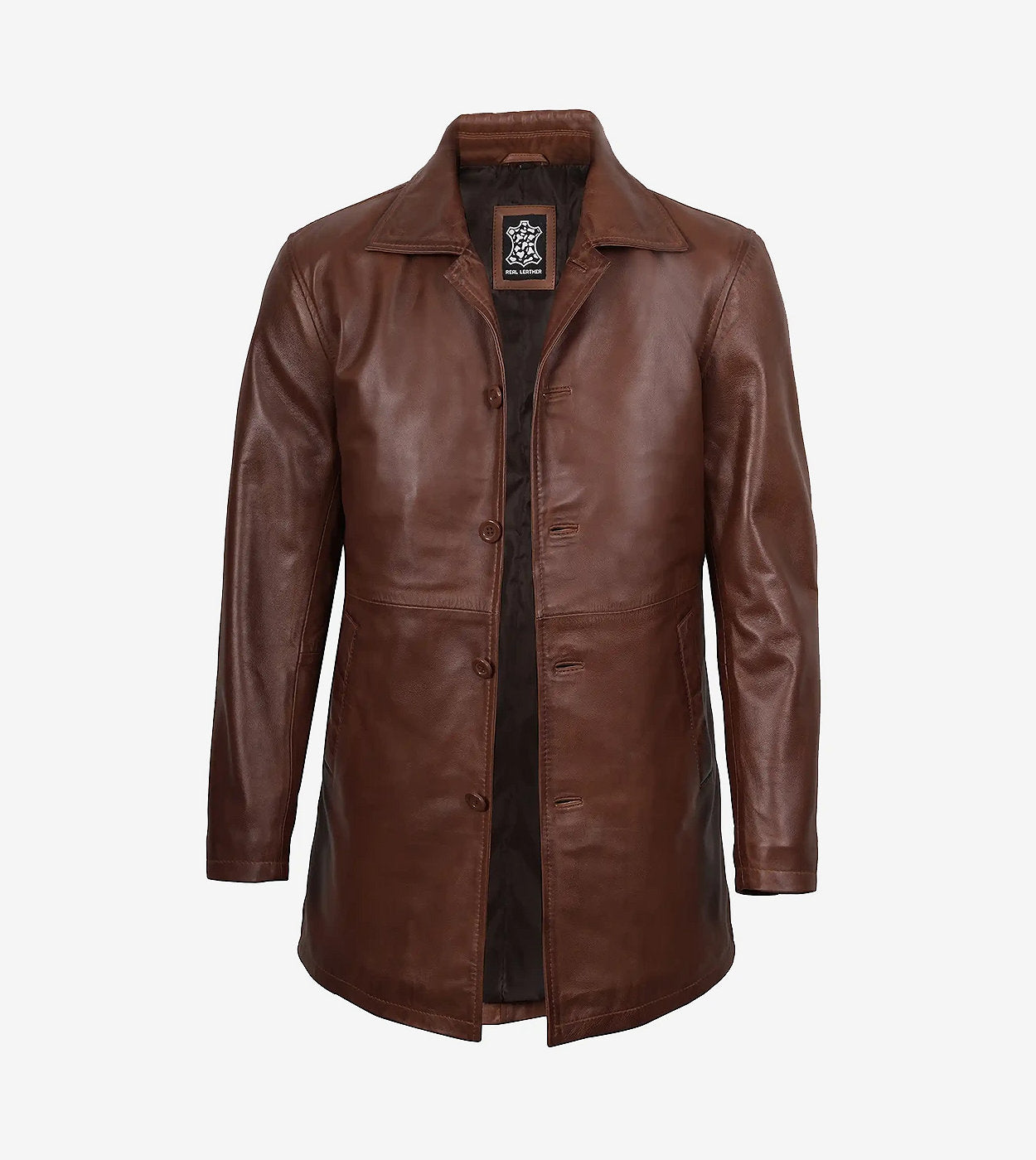 Men'S Real Leather Button Down Cognac Car Coat