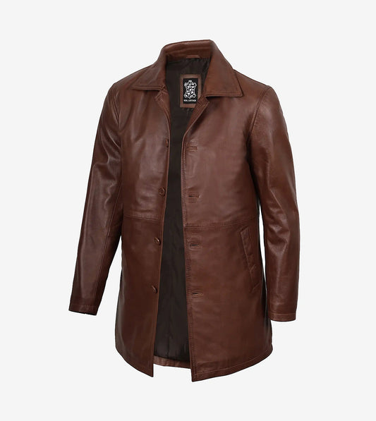 Men'S Real Leather Button Down Cognac Car Coat
