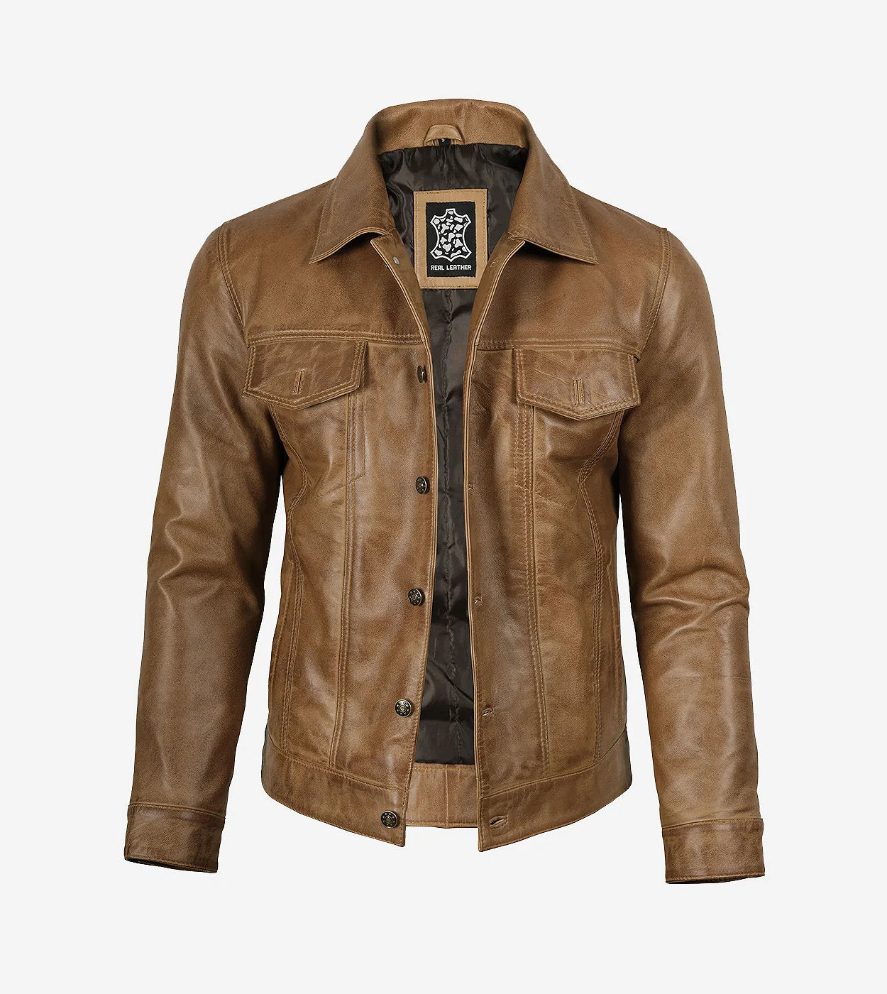 Men'S Real Leather Camel Brown Trucker Jacket