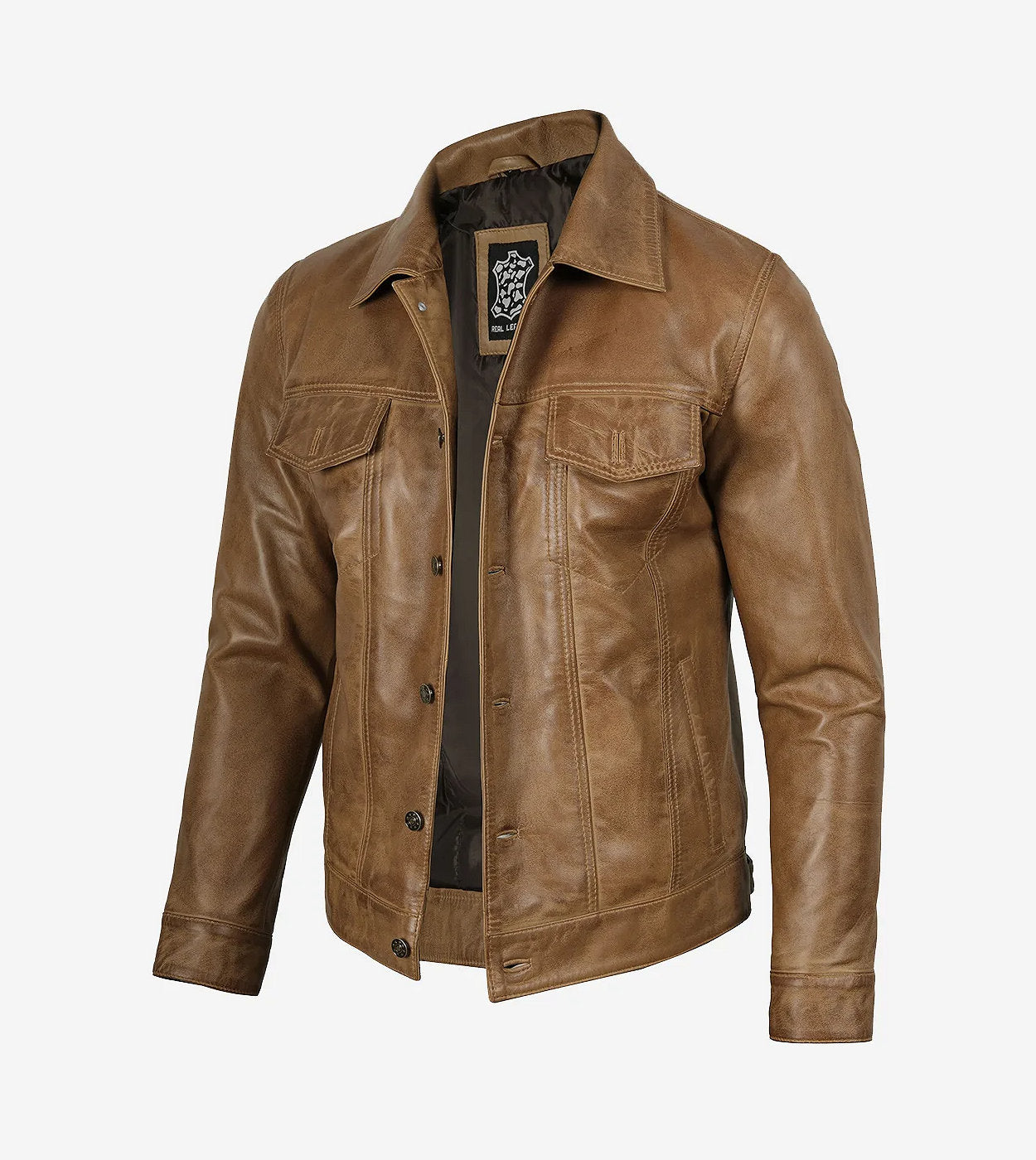Men'S Real Leather Camel Brown Trucker Jacket
