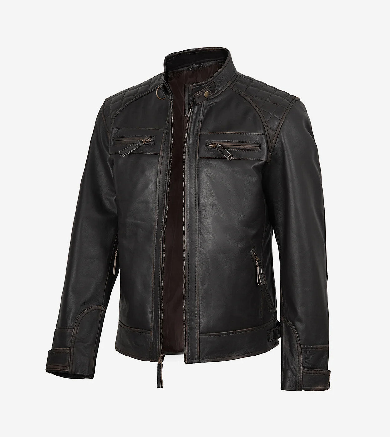 Men'S Real Leather Distressed Brown Biker Style Jacket - Quilted Shoulder
