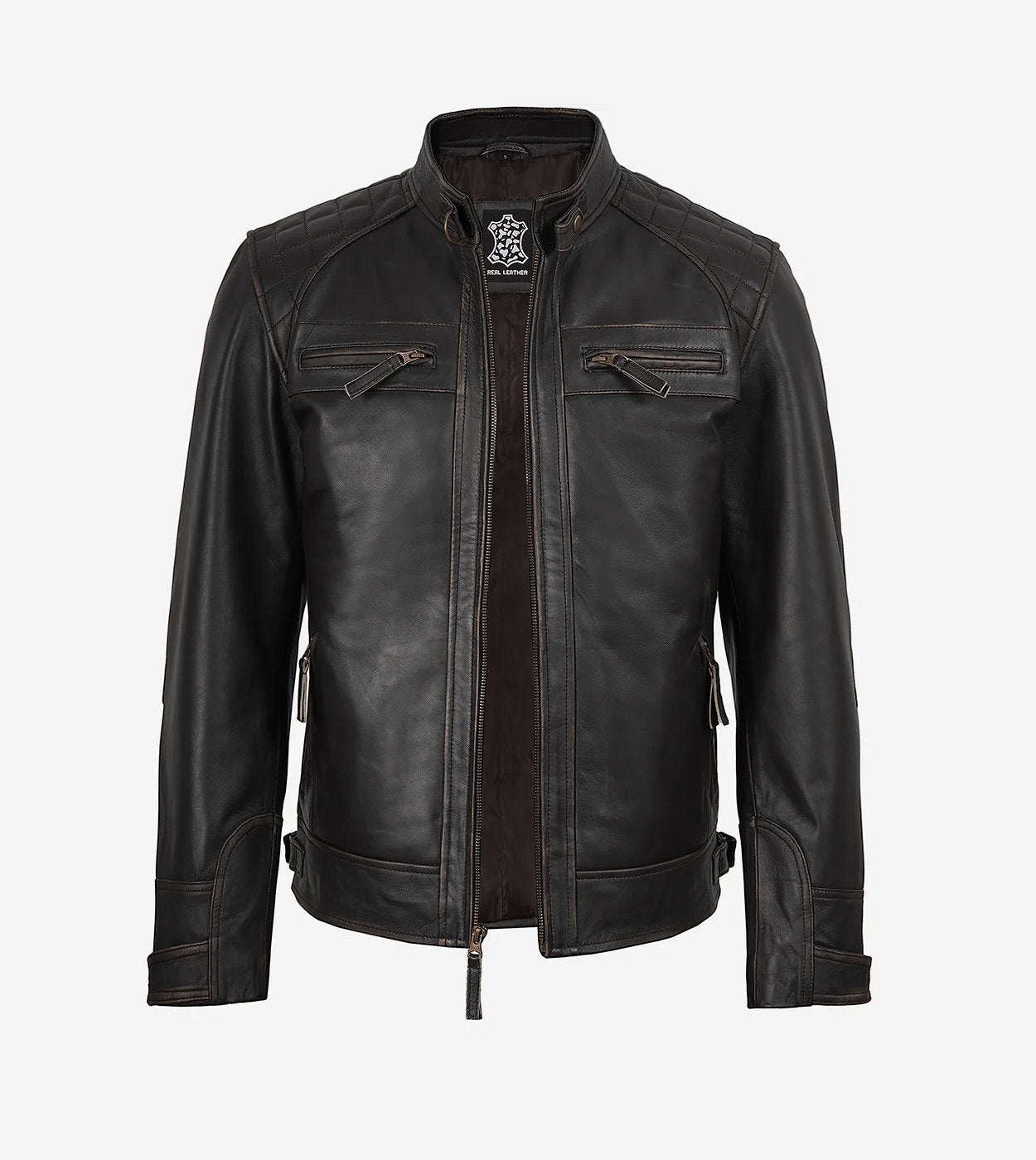 Men'S Real Leather Distressed Brown Biker Style Jacket - Quilted Shoulder