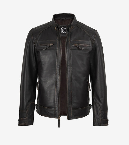 Men'S Real Leather Distressed Brown Biker Style Jacket - Quilted Shoulder
