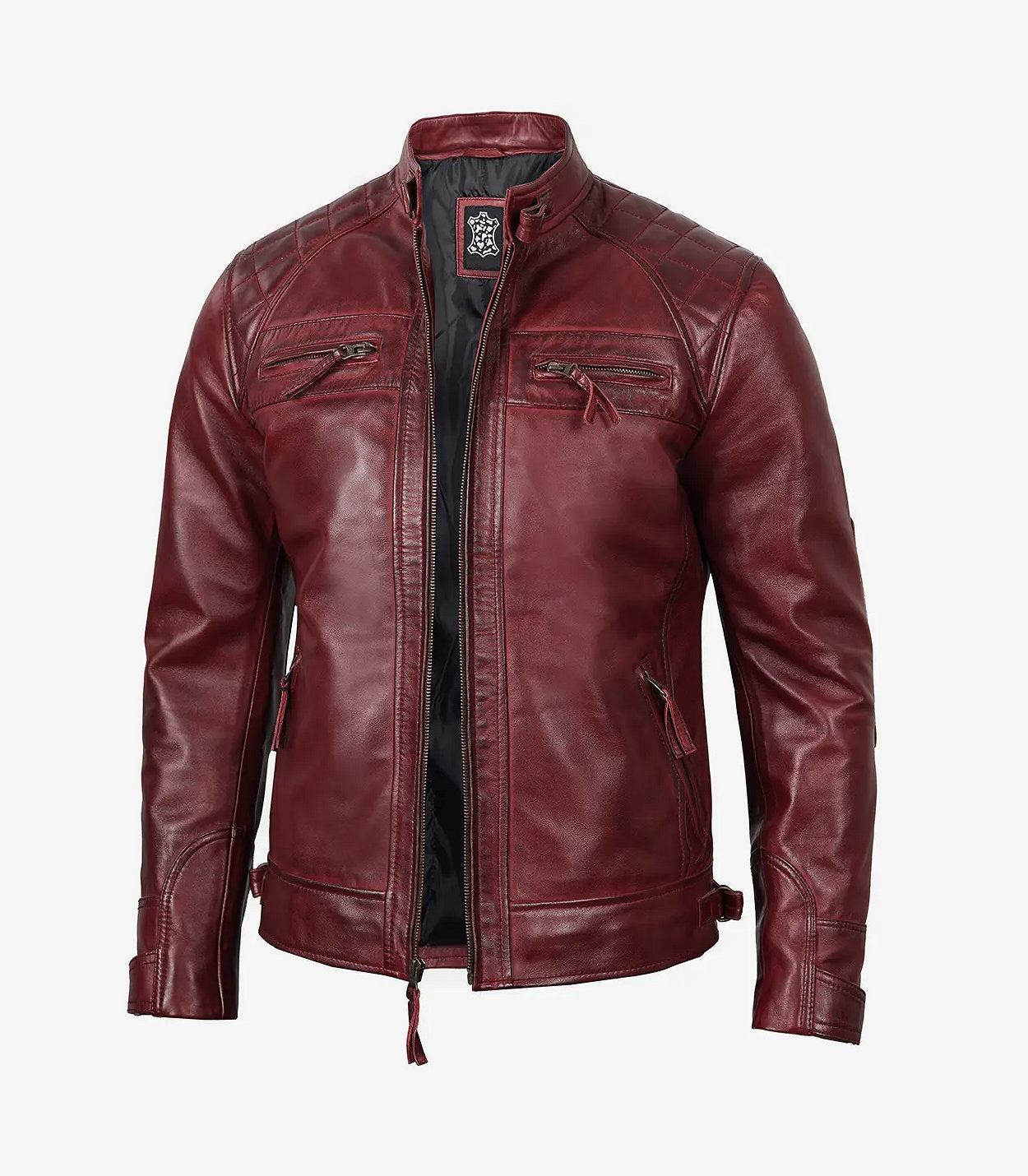 Men'S Tall Real Leather Maroon Cafe Racer Jacket - Quilted Shoulder