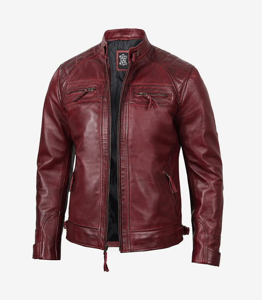 Men'S Tall Real Leather Maroon Cafe Racer Jacket - Quilted Shoulder