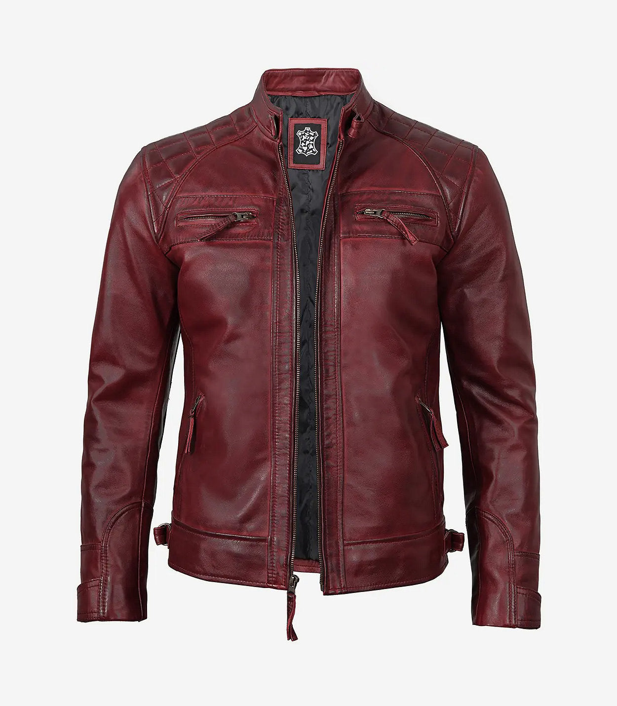 Men'S Tall Real Leather Maroon Cafe Racer Jacket - Quilted Shoulder