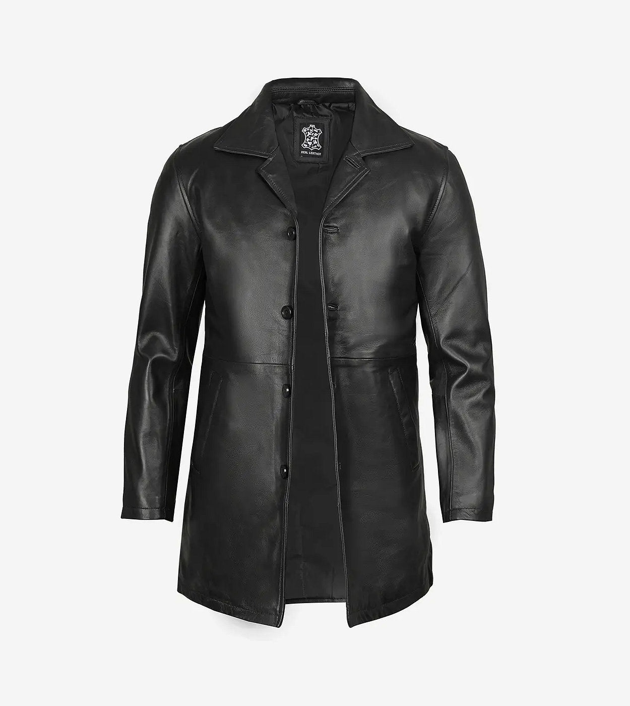 Men'S Tall Three Quarter Length Black Leather Coat