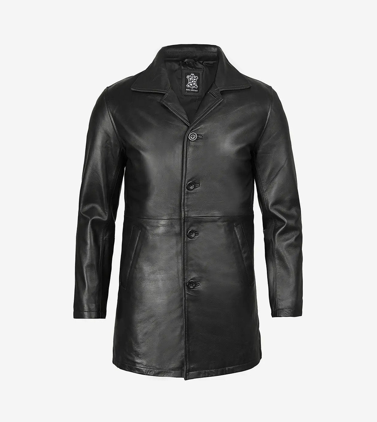 Men'S Tall Three Quarter Length Black Leather Coat