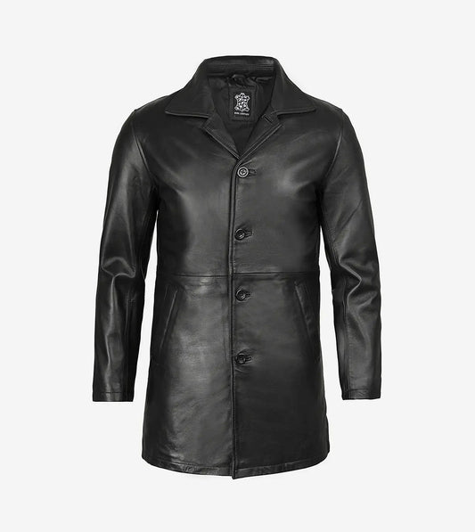 Men'S Tall Three Quarter Length Black Leather Coat